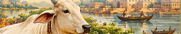 Painted scene from the Nutzaro ghee label: a white cow on the ghats of Bihar